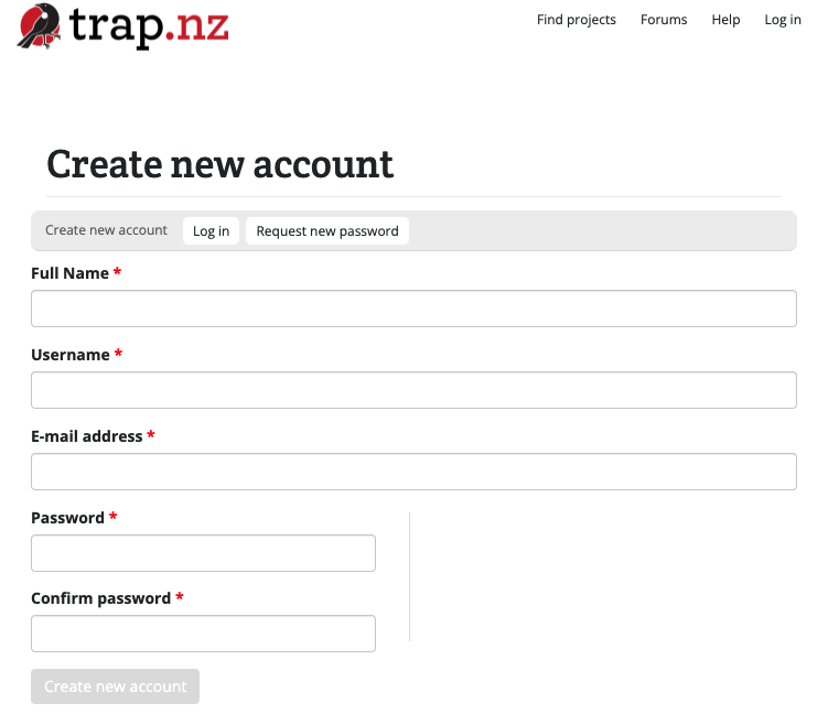 Create new account form