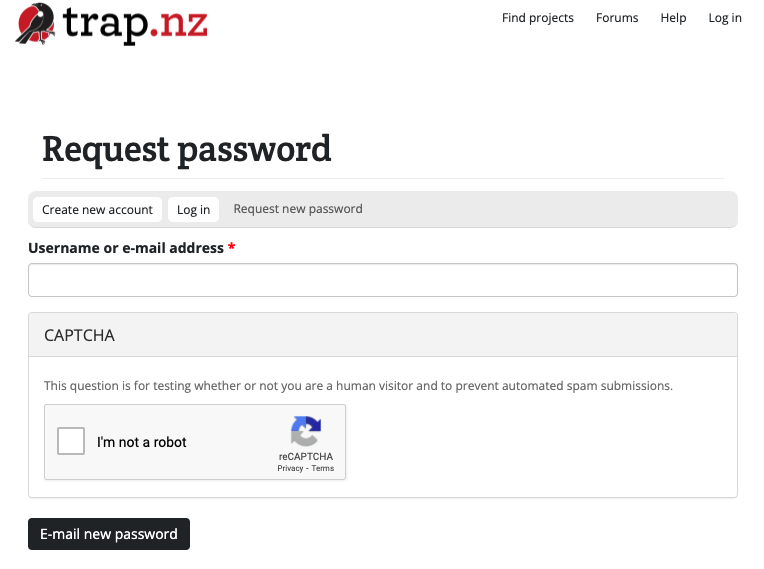 Trap.NZ Reset password page